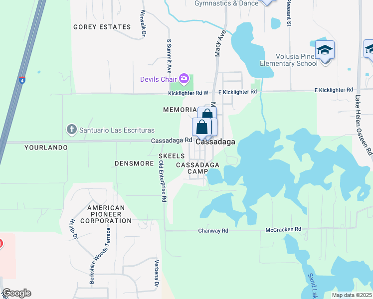 map of restaurants, bars, coffee shops, grocery stores, and more near 550 Cassadaga Road in Lake Helen