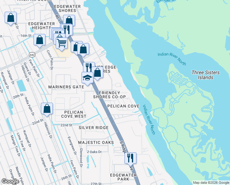 map of restaurants, bars, coffee shops, grocery stores, and more near 1 Harris Circle in Edgewater