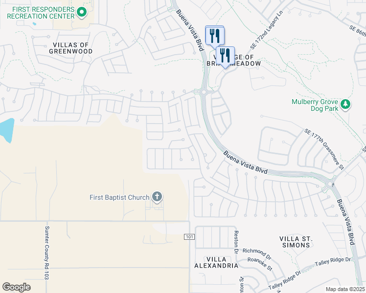 map of restaurants, bars, coffee shops, grocery stores, and more near 17566 Southeast 81st Parnassus Court in The Villages
