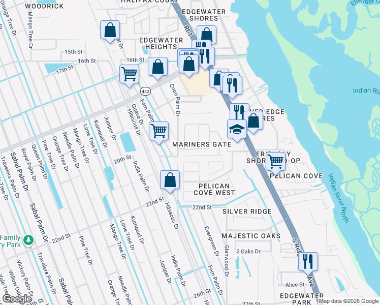 map of restaurants, bars, coffee shops, grocery stores, and more near 412 Central Mariners Drive in Edgewater
