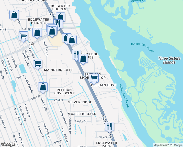 map of restaurants, bars, coffee shops, grocery stores, and more near 2140 South Riverside Drive in Edgewater