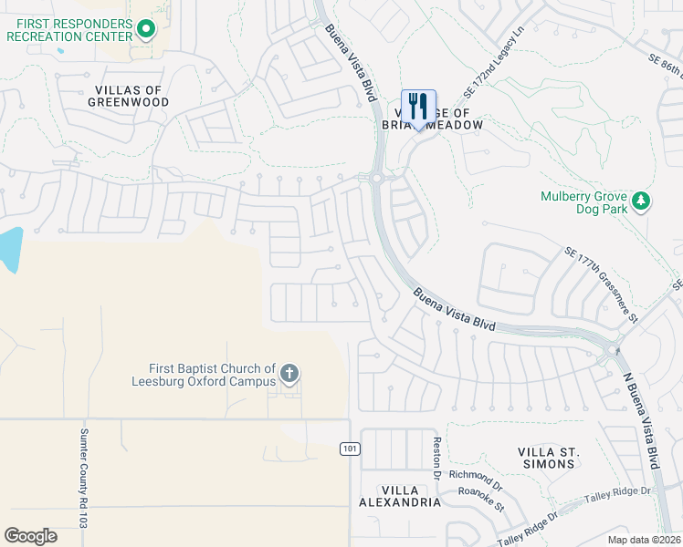 map of restaurants, bars, coffee shops, grocery stores, and more near 17566 Southeast 81st Parnassus Court in The Villages