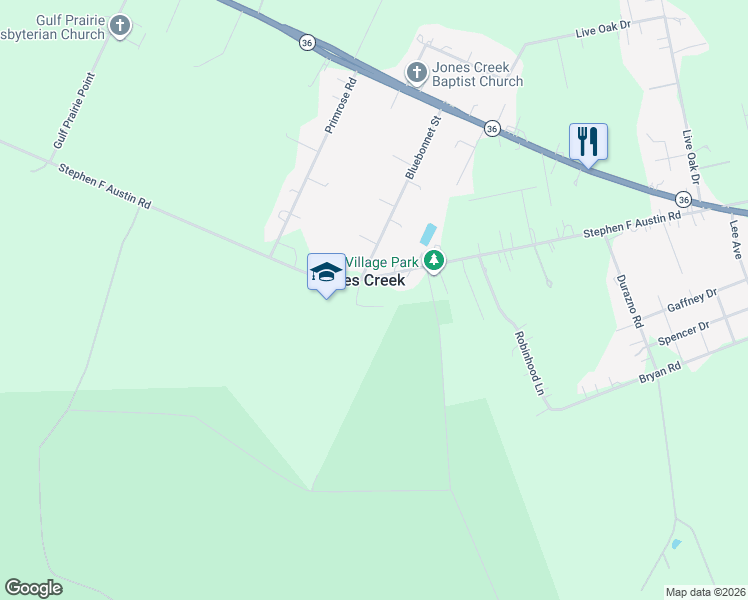 map of restaurants, bars, coffee shops, grocery stores, and more near 7227 Stephen F Austin Road in Jones Creek