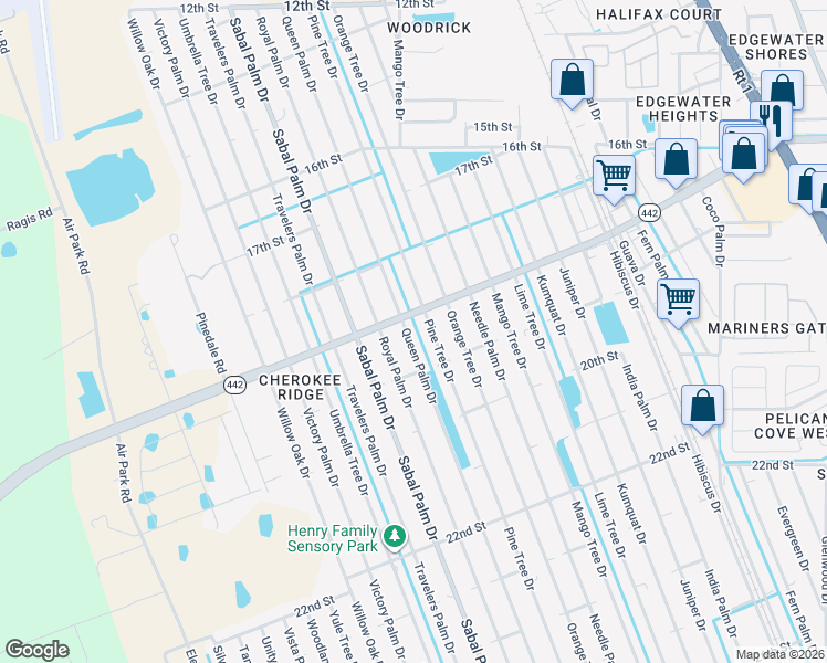 map of restaurants, bars, coffee shops, grocery stores, and more near 1851 Queen Palm Drive in Edgewater