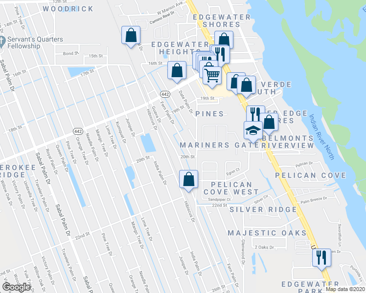 map of restaurants, bars, coffee shops, grocery stores, and more near 1948 Fern Palm Drive in Edgewater
