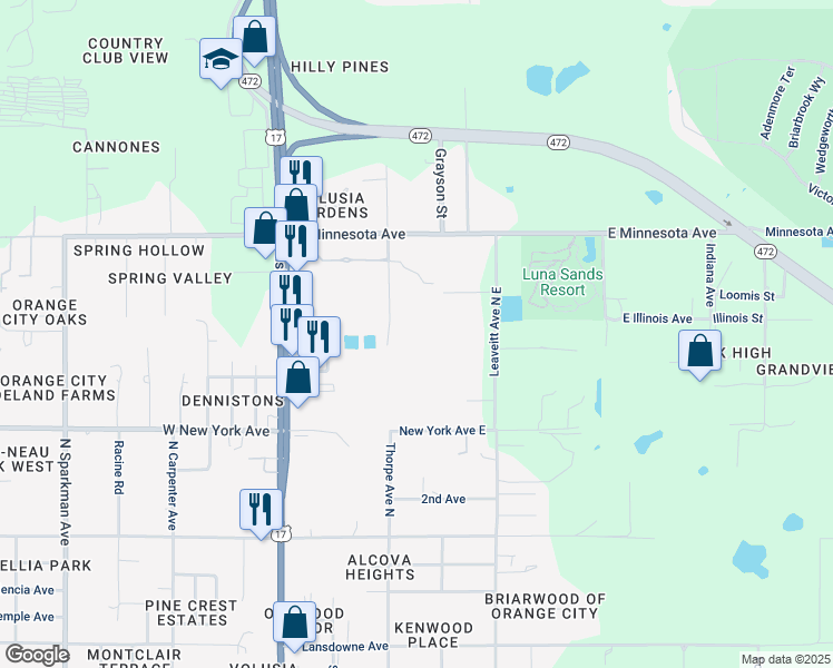 map of restaurants, bars, coffee shops, grocery stores, and more near 2100 North Thorpe Avenue in Orange City