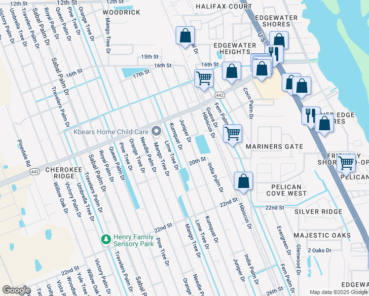 map of restaurants, bars, coffee shops, grocery stores, and more near 1911 Kumquat Drive in Edgewater