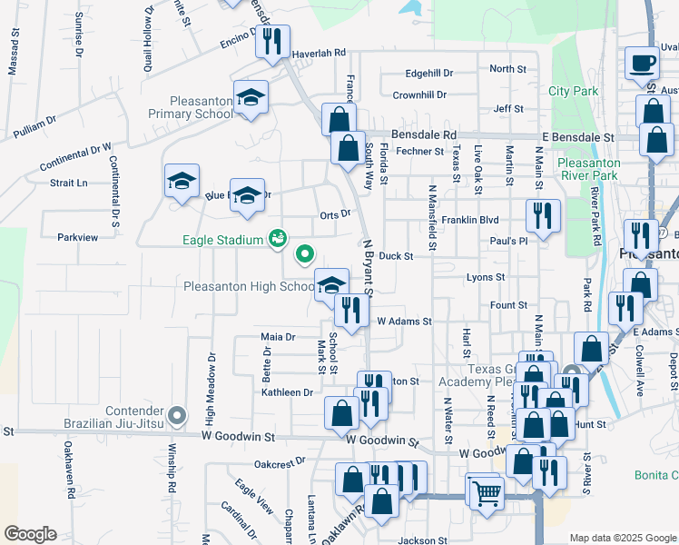 map of restaurants, bars, coffee shops, grocery stores, and more near 830 Stadium Drive in Pleasanton