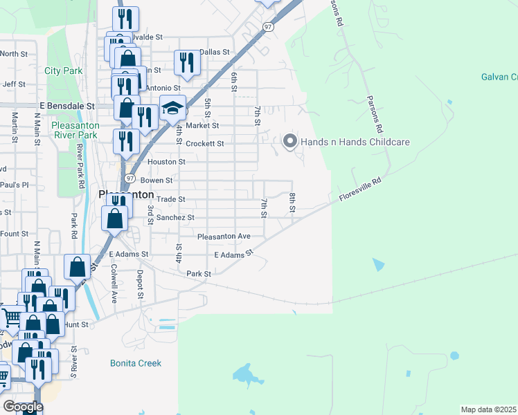 map of restaurants, bars, coffee shops, grocery stores, and more near 938 Trade Street in Pleasanton