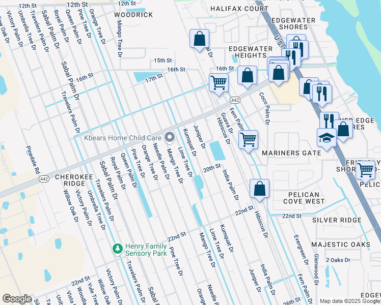 map of restaurants, bars, coffee shops, grocery stores, and more near 1911 Kumquat Drive in Edgewater