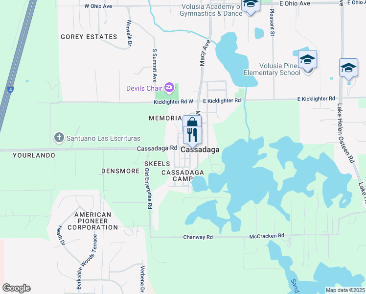 map of restaurants, bars, coffee shops, grocery stores, and more near 550 Cassadaga Road in Lake Helen