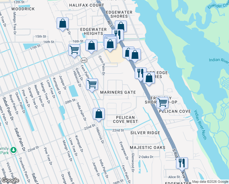 map of restaurants, bars, coffee shops, grocery stores, and more near 412 Central Mariners Drive in Edgewater