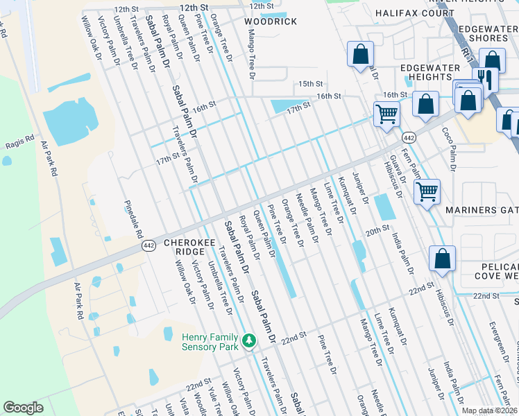 map of restaurants, bars, coffee shops, grocery stores, and more near 1851 Queen Palm Drive in Edgewater