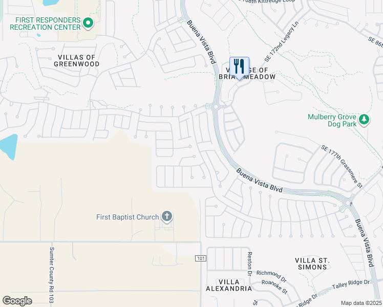 map of restaurants, bars, coffee shops, grocery stores, and more near 17566 Southeast 81st Parnassus Court in The Villages