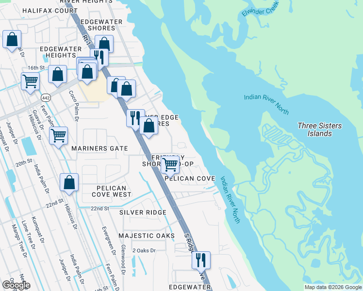 map of restaurants, bars, coffee shops, grocery stores, and more near 1 Harris Circle in Edgewater
