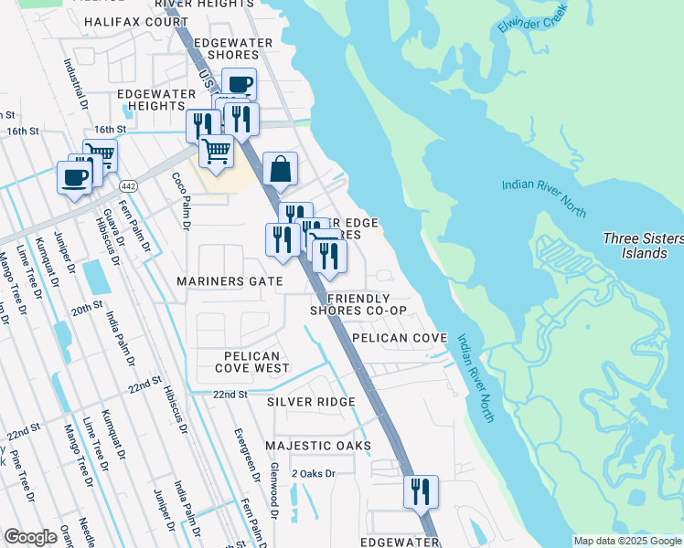 map of restaurants, bars, coffee shops, grocery stores, and more near 2140 South Riverside Drive in Edgewater