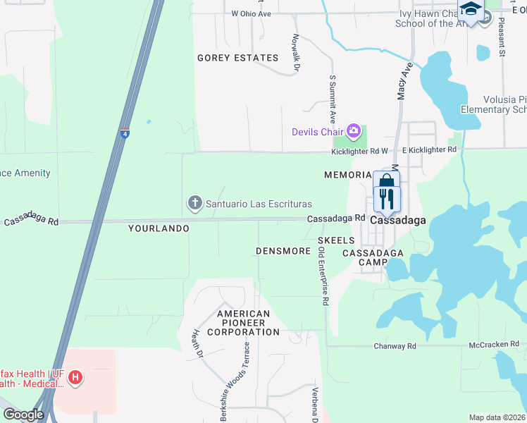 map of restaurants, bars, coffee shops, grocery stores, and more near 794 Cassadaga Road in Lake Helen