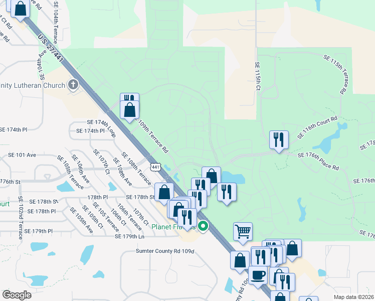 map of restaurants, bars, coffee shops, grocery stores, and more near 11078 Southeast 175th Place in Summerfield