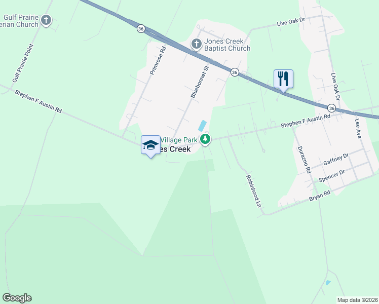 map of restaurants, bars, coffee shops, grocery stores, and more near 7227 Stephen F Austin Road in Jones Creek