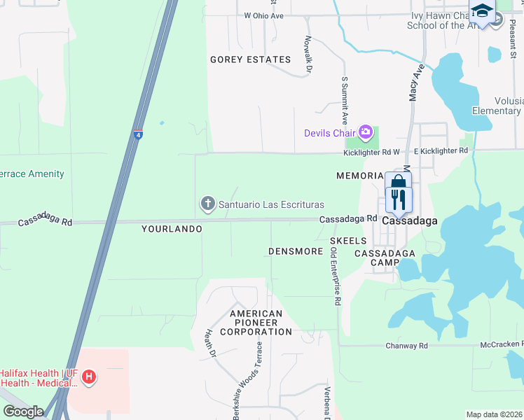 map of restaurants, bars, coffee shops, grocery stores, and more near 794 Cassadaga Road in Lake Helen