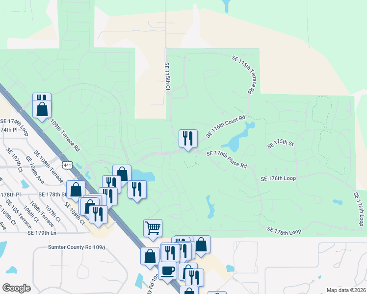 map of restaurants, bars, coffee shops, grocery stores, and more near 17548 Southeast 115th Terrace Road in Summerfield
