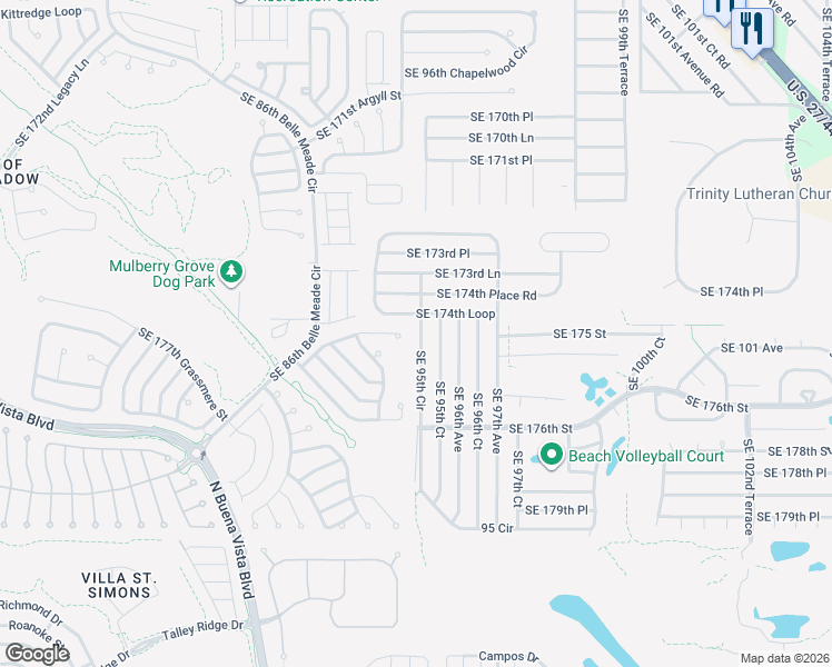 map of restaurants, bars, coffee shops, grocery stores, and more near 9490 Southeast 176th Saffold Street in The Villages