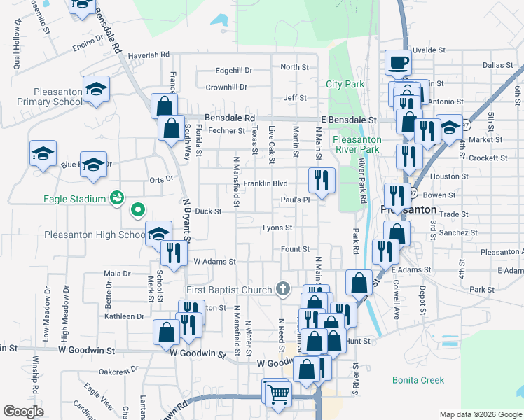 map of restaurants, bars, coffee shops, grocery stores, and more near 316 Duck Street in Pleasanton