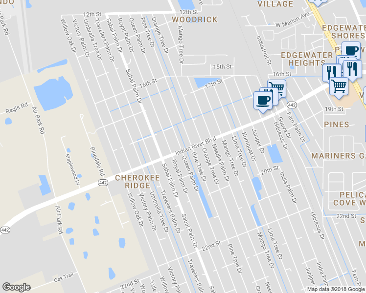 map of restaurants, bars, coffee shops, grocery stores, and more near 1829 Queen Palm Drive in Edgewater