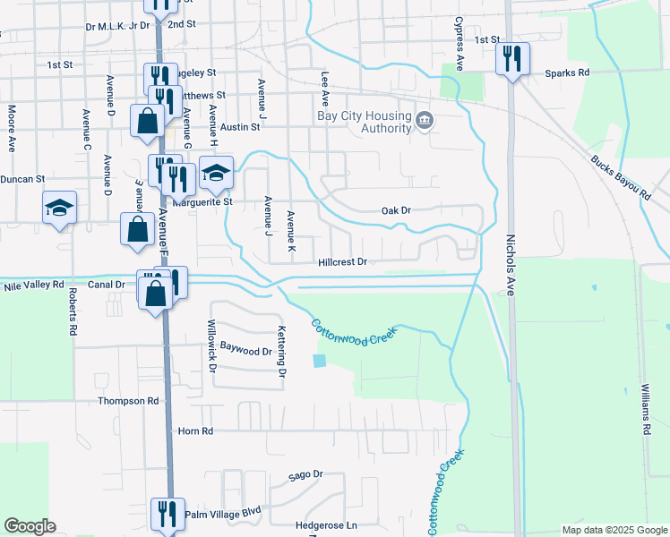 map of restaurants, bars, coffee shops, grocery stores, and more near 3412 Meadow Lane in Bay City