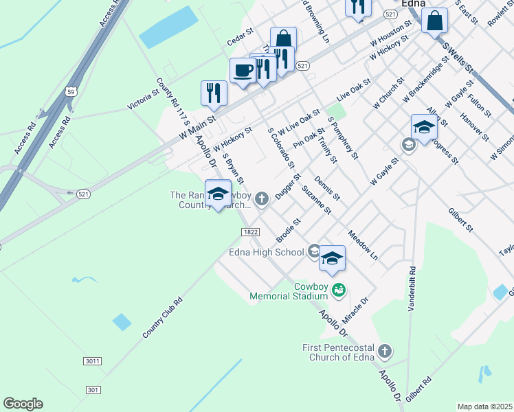 map of restaurants, bars, coffee shops, grocery stores, and more near 307 South Bryan Street in Edna