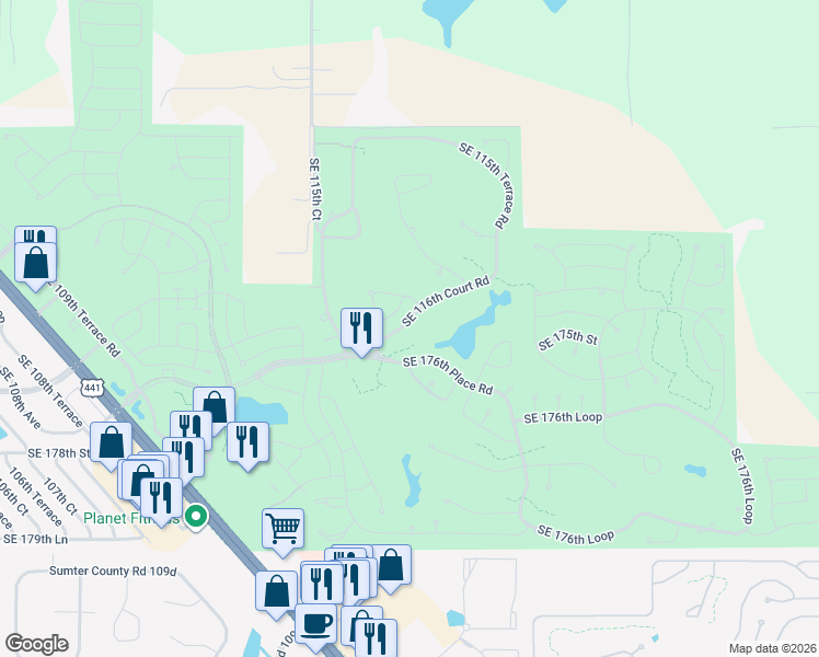 map of restaurants, bars, coffee shops, grocery stores, and more near 17455 Southeast 116th Court Road in Summerfield