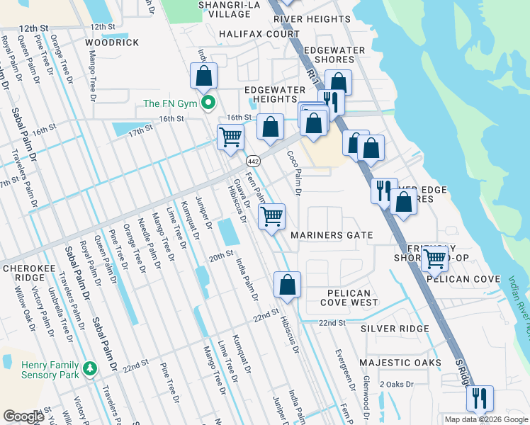 map of restaurants, bars, coffee shops, grocery stores, and more near 1920 Fern Palm Drive in Edgewater