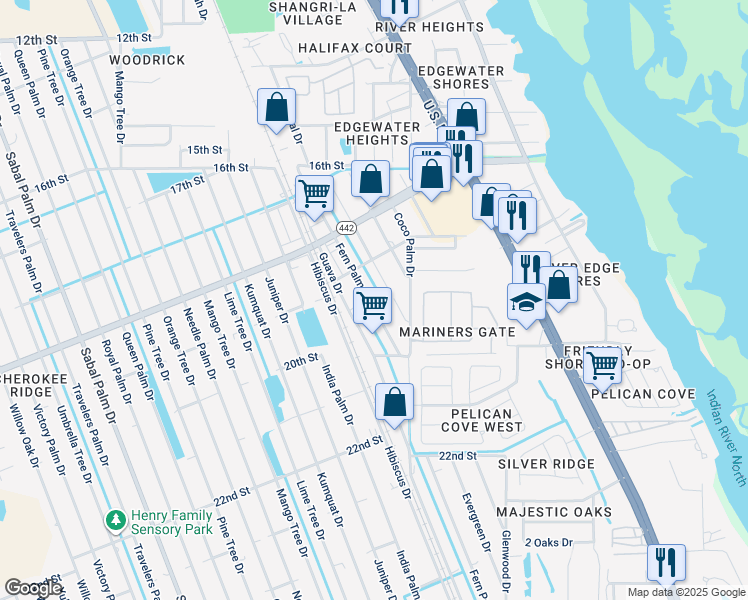 map of restaurants, bars, coffee shops, grocery stores, and more near 1923 Fern Palm Drive in Edgewater