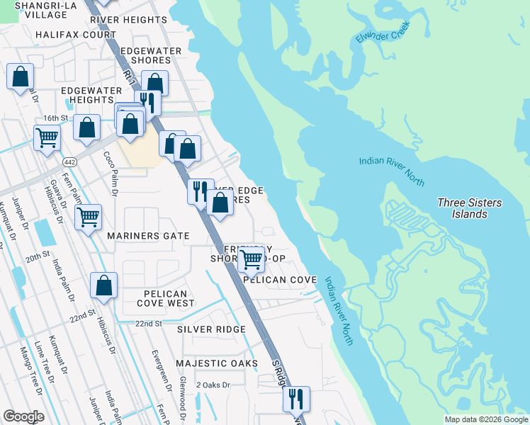 map of restaurants, bars, coffee shops, grocery stores, and more near 2115 South Riverside Drive in Edgewater
