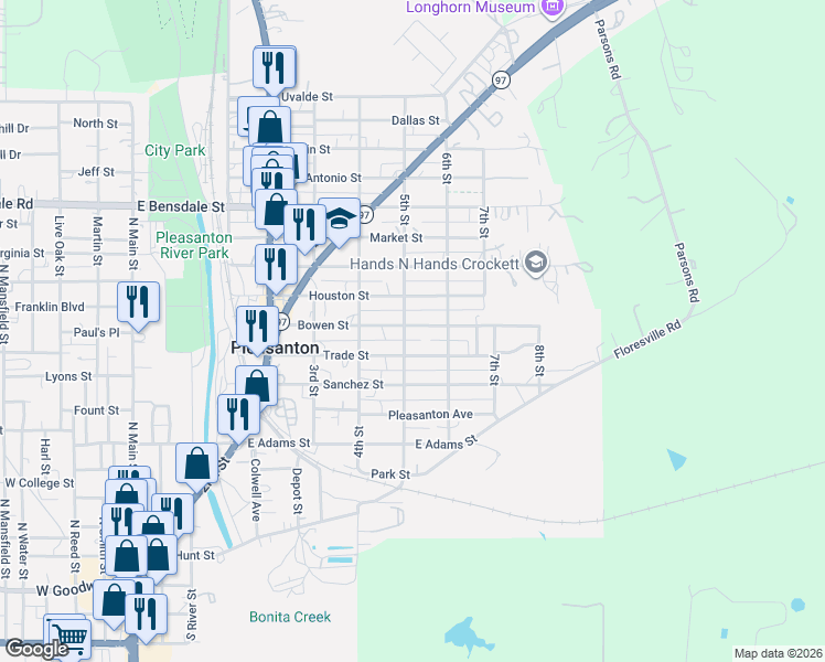 map of restaurants, bars, coffee shops, grocery stores, and more near 801 Bowen Street in Pleasanton