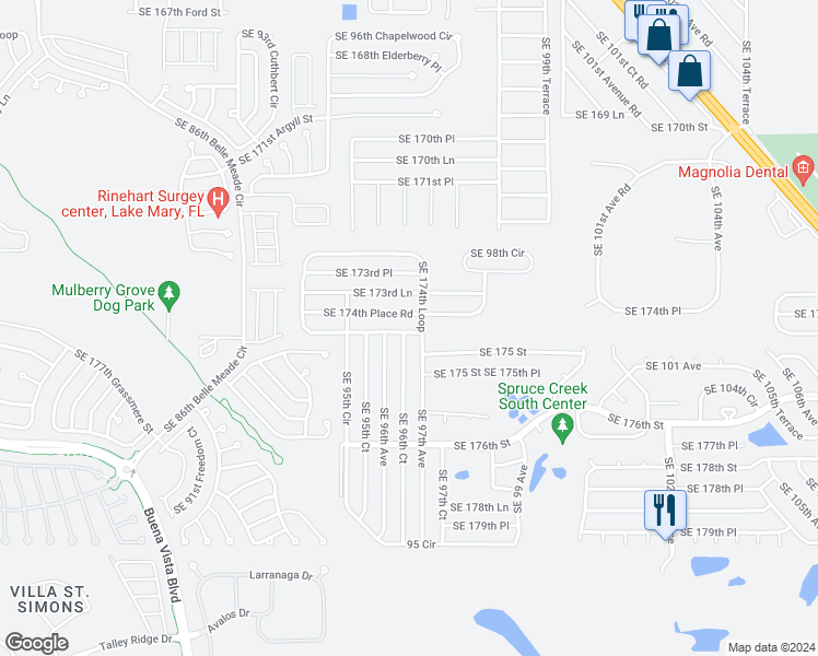 map of restaurants, bars, coffee shops, grocery stores, and more near 9655 Southeast 174th Loop in Summerfield