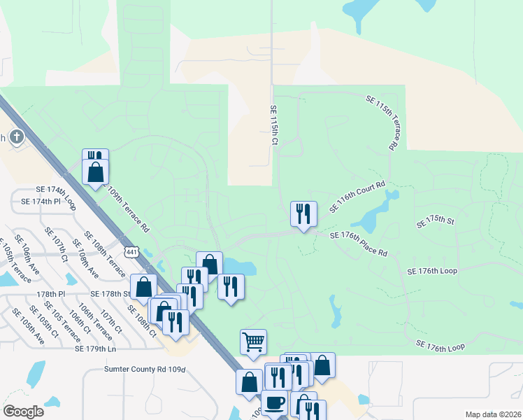 map of restaurants, bars, coffee shops, grocery stores, and more near 11385 Southeast 175th Place in Summerfield