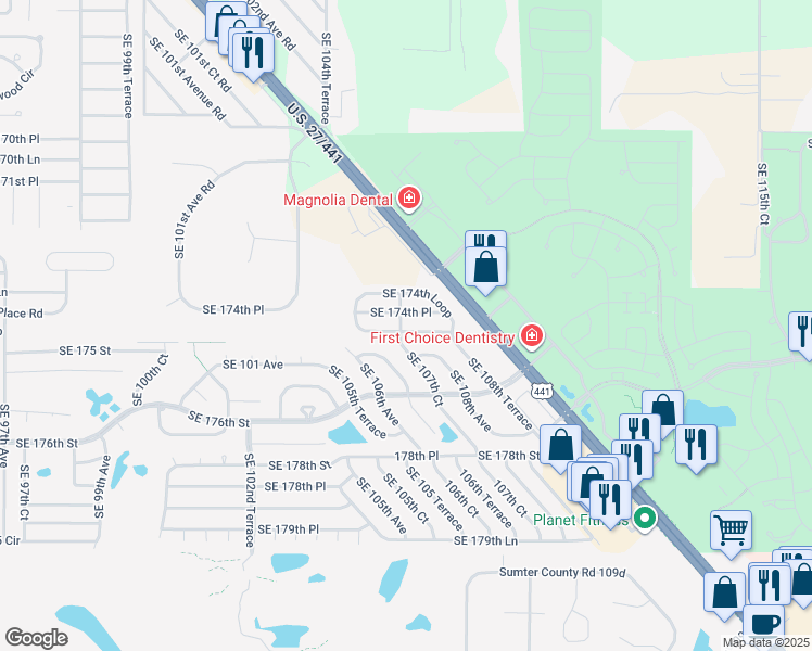 map of restaurants, bars, coffee shops, grocery stores, and more near 17475 Southeast 107th Court in Summerfield