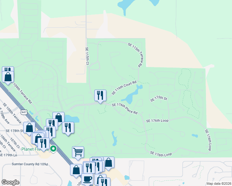 map of restaurants, bars, coffee shops, grocery stores, and more near 17455 Southeast 116th Court Road in Summerfield