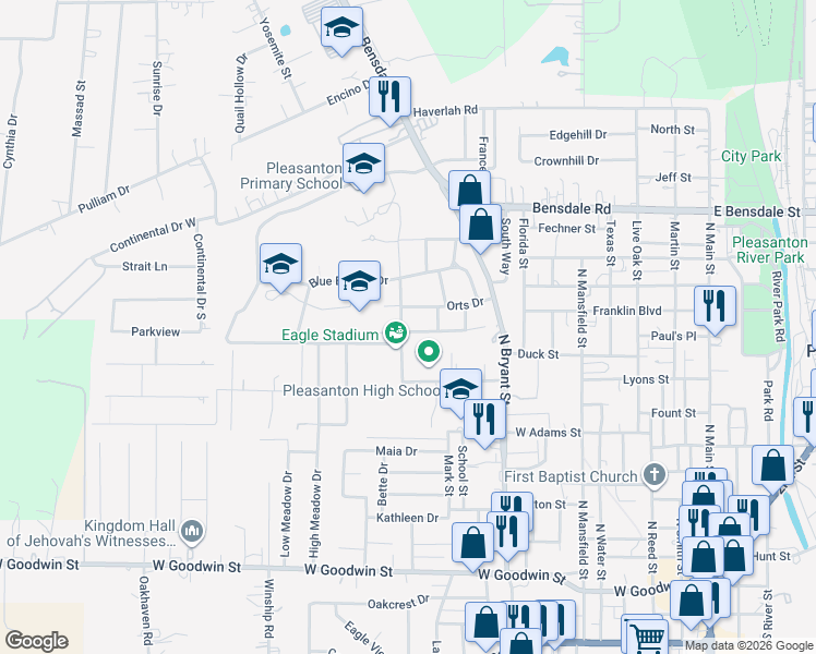 map of restaurants, bars, coffee shops, grocery stores, and more near 940 Long Street in Pleasanton