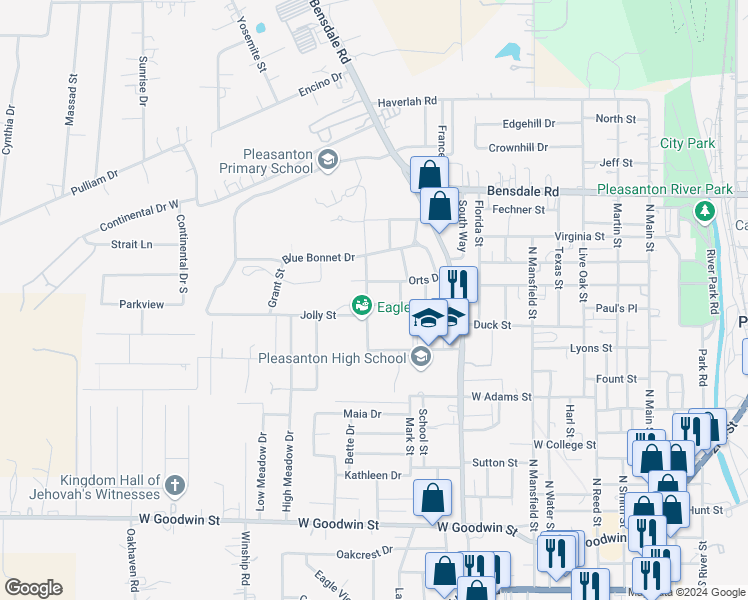 map of restaurants, bars, coffee shops, grocery stores, and more near 940 Long Street in Pleasanton