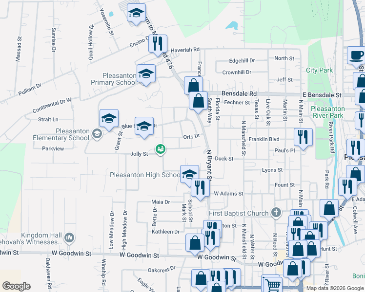 map of restaurants, bars, coffee shops, grocery stores, and more near 906 Abilene Street in Pleasanton