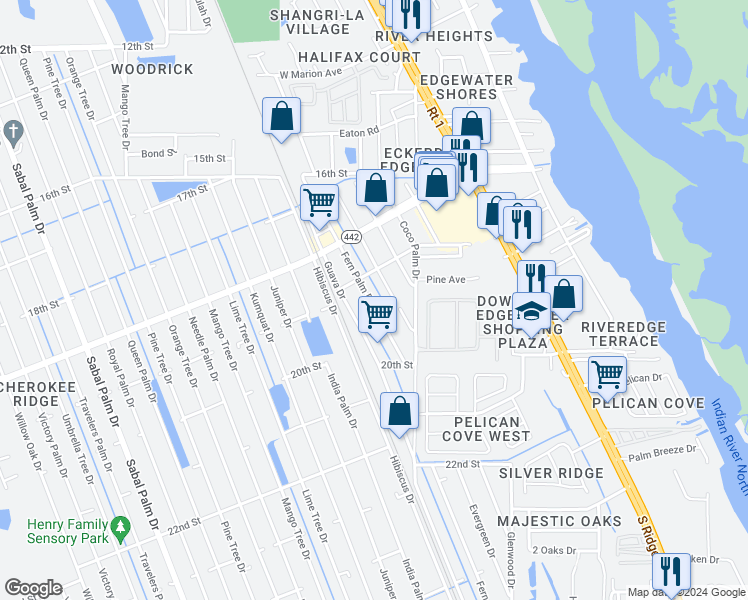 map of restaurants, bars, coffee shops, grocery stores, and more near 1917 Fern Palm Drive in Edgewater