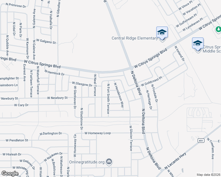 map of restaurants, bars, coffee shops, grocery stores, and more near 647 West Tulip Lane in Citrus Springs