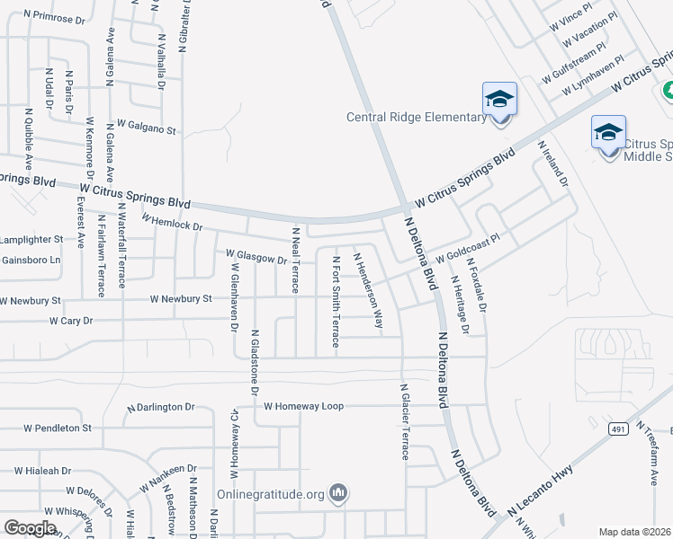 map of restaurants, bars, coffee shops, grocery stores, and more near 647 West Tulip Lane in Citrus Springs