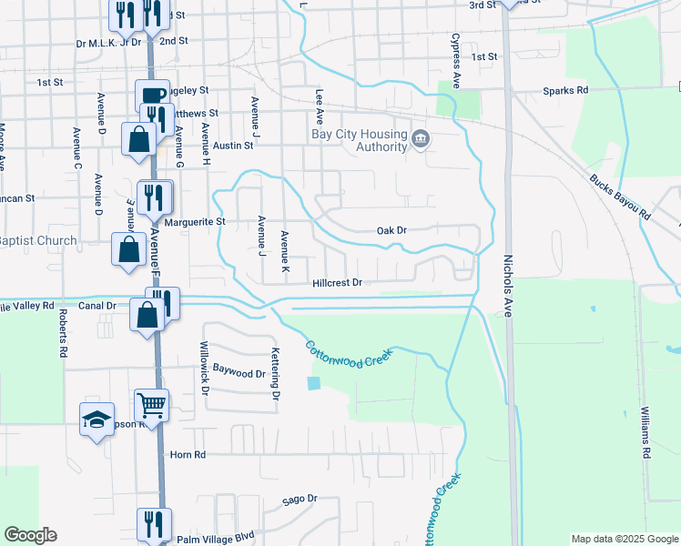 map of restaurants, bars, coffee shops, grocery stores, and more near 3412 Meadow Lane in Bay City