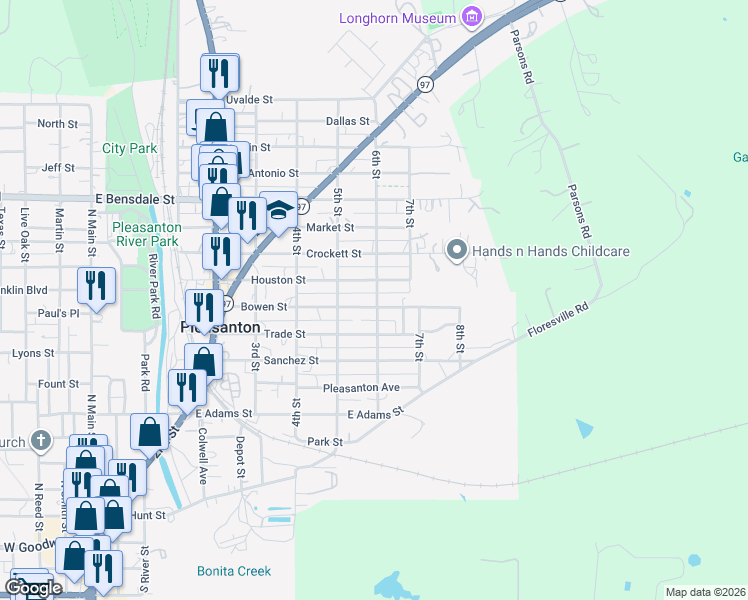 map of restaurants, bars, coffee shops, grocery stores, and more near 835 Bowen Street in Pleasanton