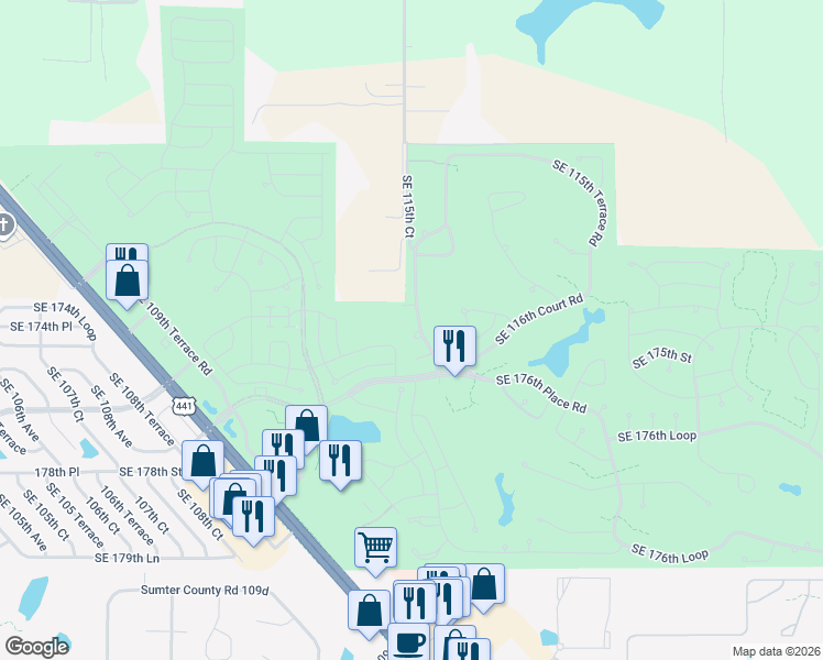 map of restaurants, bars, coffee shops, grocery stores, and more near 11385 Southeast 175th Place in Summerfield