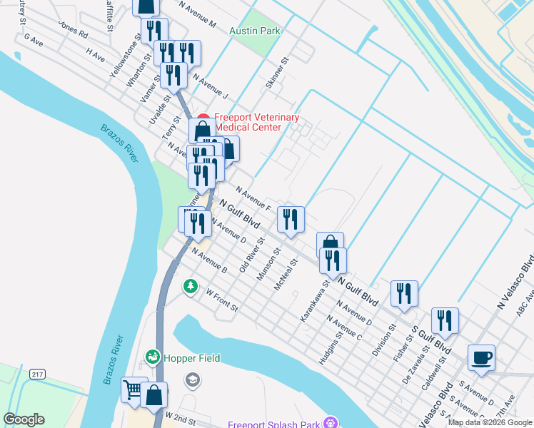 map of restaurants, bars, coffee shops, grocery stores, and more near in Freeport