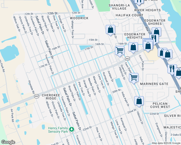 map of restaurants, bars, coffee shops, grocery stores, and more near 1845 Mango Tree Drive in Edgewater